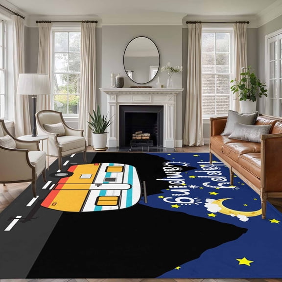 Non-Slip Rug Pad Rugs Happy Camping RV Night Star Moon Rectangle Area Rugs 5x7Ft Soft Carpet Pads for Living Room Kids Room, Farm Mountain Watercolor Truck