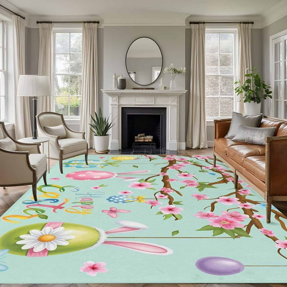 Non-Slip Rug Pad Rugs Happy Easter Egg Bunny Ear Rectangle Area Rugs 5x7Ft Soft Carpet Pads for Living Room Kids Room, Spring Floral Branch Teal Green