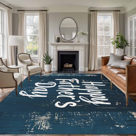 Non-Slip Rug Pad Rugs Happy Father's Day Quote Wood Rectangle Area Rugs 5x7Ft Soft Carpet Pads for Living Room Kids Room, Retro Navy Blue Wooden Plank