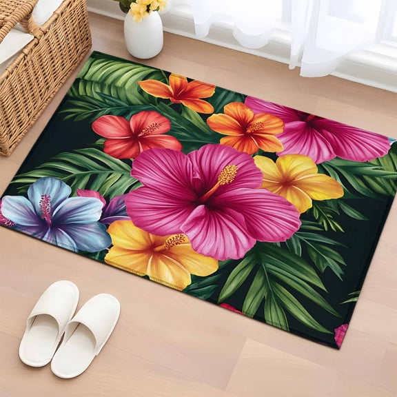 Non-Slip Rug Pad Rugs Hibiscus Flower Pink Floral Rectangle Area Rugs 2x3Ft Soft Carpet Pads for Living Room Kids Room, Country Watercolor Green Leaves