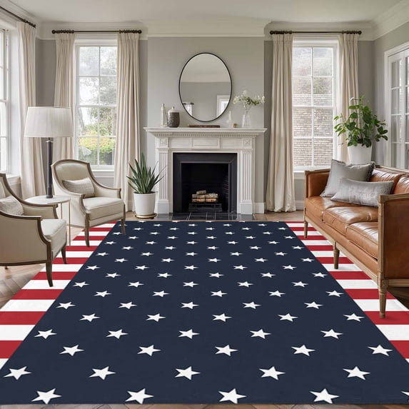 Non-Slip Rug Pad Rugs Independence Day Patriotic Stars on Blue Rectangle Area Rugs 5x7Ft Soft Carpet Pads for Living Room Kids Room, Red White Stripes Border