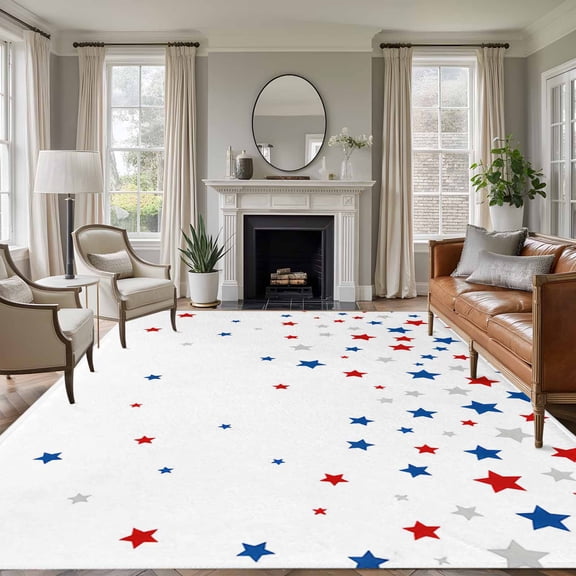 Non-Slip Rug Pad Rugs Independence Day Patriotic Stars Rectangle Area Rugs 5x7Ft Soft Carpet Pads for Living Room Kids Room, Red Blue Star on White