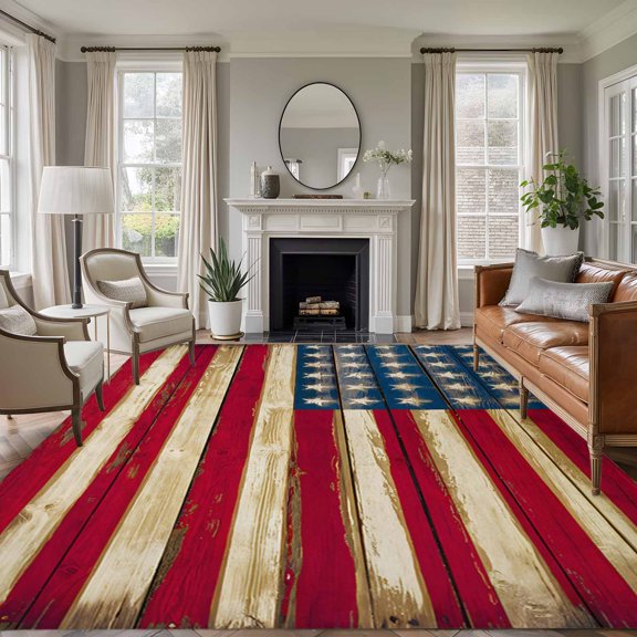 Non-Slip Rug Pad Rugs Independence Day Stars And Stripes Rectangle Area Rugs 5x7Ft Soft Carpet Pads for Living Room Kids Room, Retro USA Flag Star