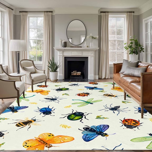Non-Slip Rug Pad Rugs Insects Ladybirds Spiders Rectangle Area Rugs 5x7Ft Soft Carpet Pads for Living Room Kids Room, Dragonflies Butterflies
