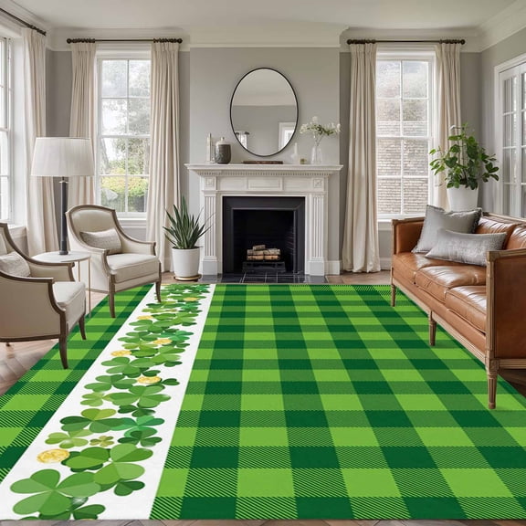 Non-Slip Rug Pad Rugs Irish Lucky Shamrock Threeleaf Grass Rectangle Area Rugs 5x7Ft Soft Carpet Pads for Living Room Kids Room, Green Buffalo Plaid