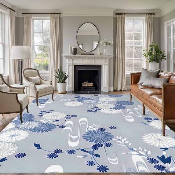 Non-Slip Rug Pad Rugs Japanese Chrysanthemum Texture Rectangle Area Rugs 5x7Ft Soft Carpet Pads for Living Room Kids Room, Flower Blue White Gray Art