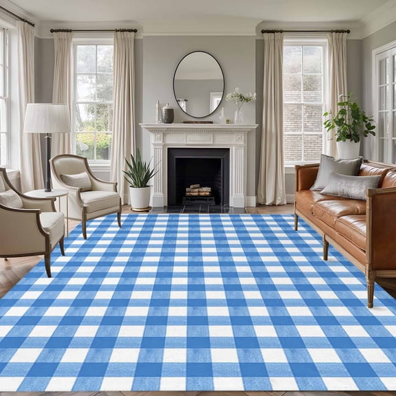 Non-Slip Rug Pad Rugs Light Blue Gingham Check Rectangle Area Rugs 5x7Ft Soft Carpet Pads for Living Room Kids Room, Country Classic Plaid