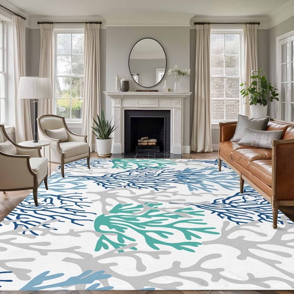 Non-Slip Rug Pad Rugs Marine Blue Teal Gray Sea Coral Rectangle Area Rugs 5x7Ft Soft Carpet Pads for Living Room Kids Room, Watercolor Ocean Life on White
