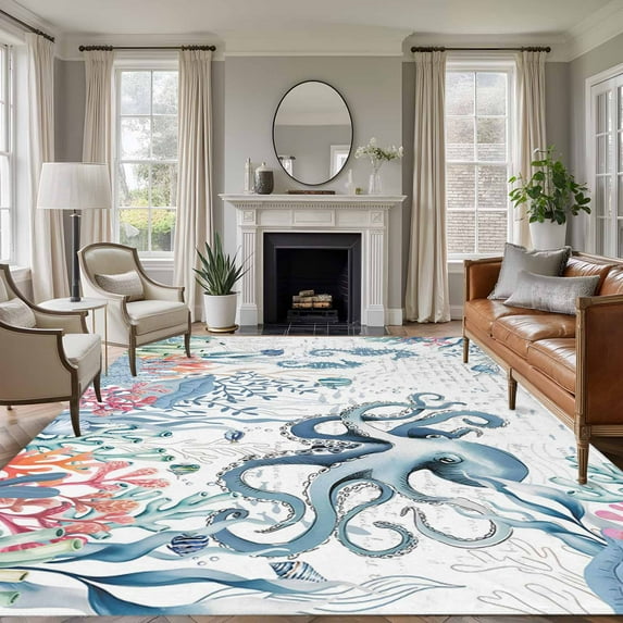 Non-Slip Rug Pad Rugs Marine Life Octopus Seahorse Rectangle Area Rugs 5x7Ft Soft Carpet Pads for Living Room Kids Room, Watercolor Corals Fish