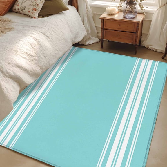 Non-Slip Rug Pad Rugs Minimalist Line Art Rectangle Area Rugs 3x5Ft Soft Carpet Pads for Living Room Kids Room, White Stripe on Light Teal Blue
