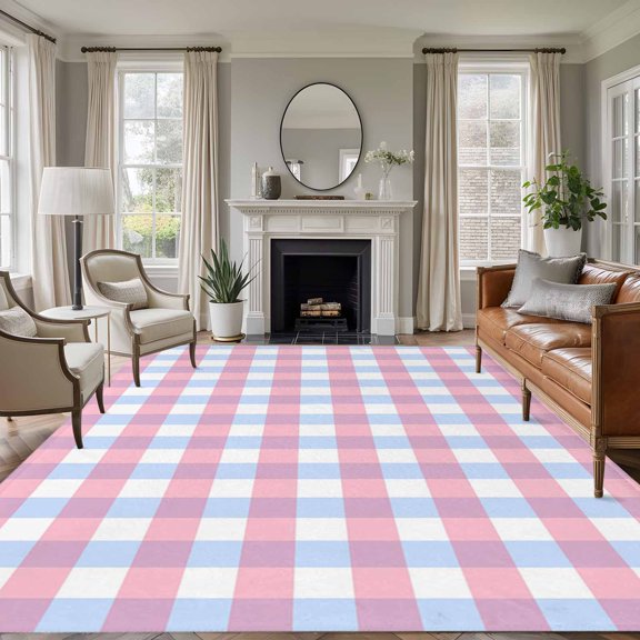 Non-Slip Rug Pad Rugs Minimalist Pink Blue Stripes Rectangle Area Rugs 5x7Ft Soft Carpet Pads for Living Room Kids Room, Buffalo Plaid Check on White