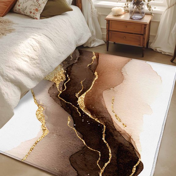 Non-Slip Rug Pad Rugs Modern Brown Gold Marble Texture Rectangle Area Rugs 3x5Ft Soft Carpet Pads for Living Room Kids Room, Abstract Stone Style