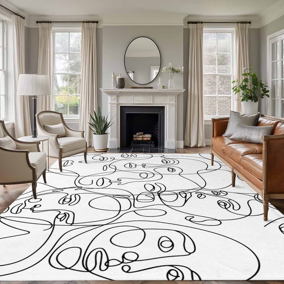 Non-Slip Rug Pad Rugs Modern Character Face Abstract Line Arts Rectangle Area Rugs 5x7Ft Soft Carpet Pads for Living Room Kids Room, White