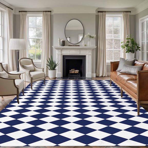 Non-Slip Rug Pad Rugs Modern Geometric Buffalo Plaid Rectangle Area Rugs 5x7Ft Soft Carpet Pads for Living Room Kids Room, Abstract Blue White Diamond