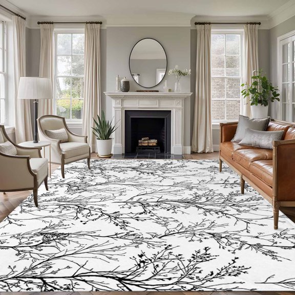 Non-Slip Rug Pad Rugs Modern Tree Plant Black White Rectangle Area Rugs 5x7Ft Soft Carpet Pads for Living Room Kids Room, Abstract Trees Branch Texture