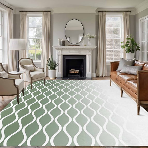 Non-Slip Rug Pad Rugs Morocco Art White Wave Stripe Rectangle Area Rugs 5x7Ft Soft Carpet Pads for Living Room Kids Room, Sage Green Color Ombre