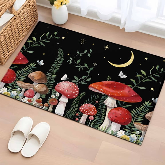 Non-Slip Rug Pad Rugs Mushroom Butterfly on Black Rectangle Area Rugs 2x3Ft Soft Carpet Pads for Living Room Kids Room, Farmhouse Moon Stars