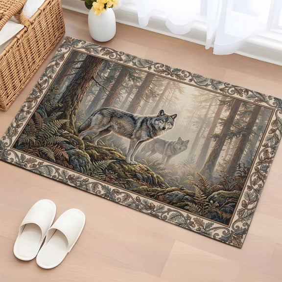 Non-Slip Rug Pad Rugs Natural Wild Wolf Forest Scenery Rectangle Area Rugs 2x3Ft Soft Carpet Pads for Living Room Kids Room, Animal Botanical Tree Plant