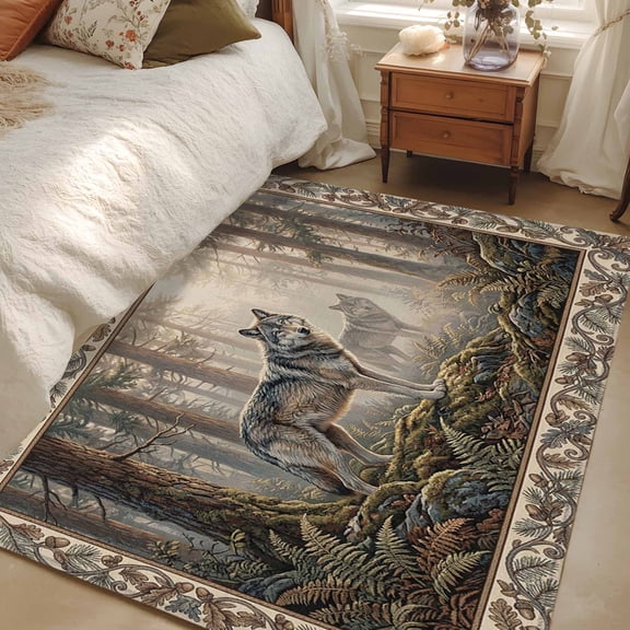 Non-Slip Rug Pad Rugs Natural Wild Wolf Forest Scenery Rectangle Area Rugs 3x5Ft Soft Carpet Pads for Living Room Kids Room, Animal Botanical Tree Plant