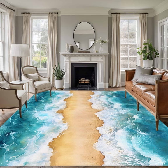 Non-Slip Rug Pad Rugs Nautical Ocean Sea Wave Rectangle Area Rugs 9x12Ft Soft Carpet Pads for Living Room Kids Room, Watercolor Summer Beach Theme