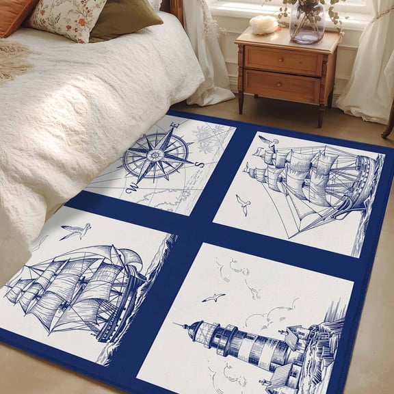 Non-Slip Rug Pad Rugs Navy Blue Compass Sailing Ship Plaid Rectangle Area Rugs 3x5Ft Soft Carpet Pads for Living Room Kids Room, Nautical Retro Lighthouse