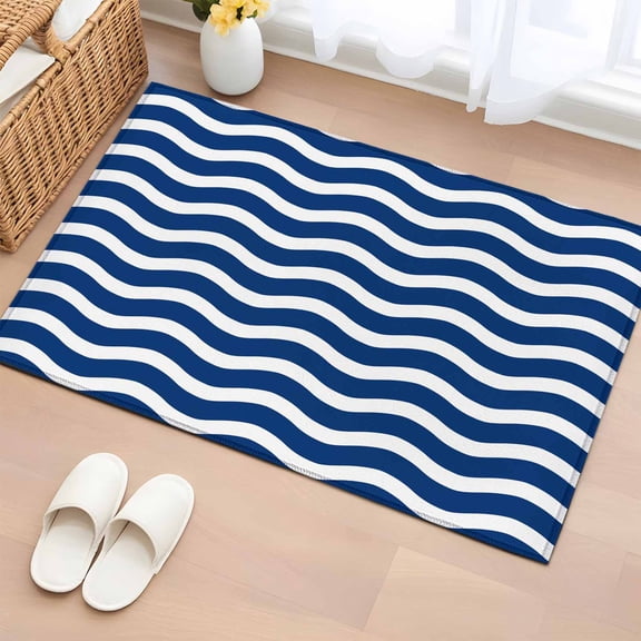 Non-Slip Rug Pad Rugs Navy Blue White Water Ripple Rectangle Area Rugs 2x3Ft Soft Carpet Pads for Living Room Kids Room, Nautical Ocean Wave Stripe