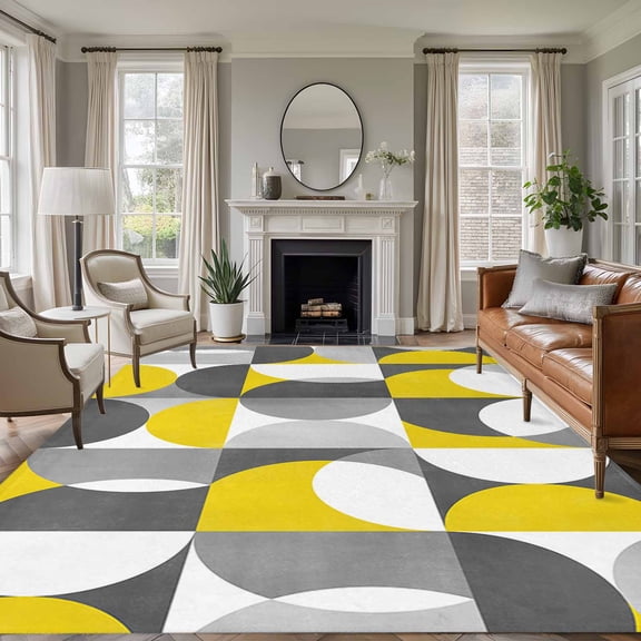Non-Slip Rug Pad Rugs Nordic Medieval Splicing Half Circle Rectangle Area Rugs 5x7Ft Soft Carpet Pads for Living Room Kids Room, Yellow Grey Abstract