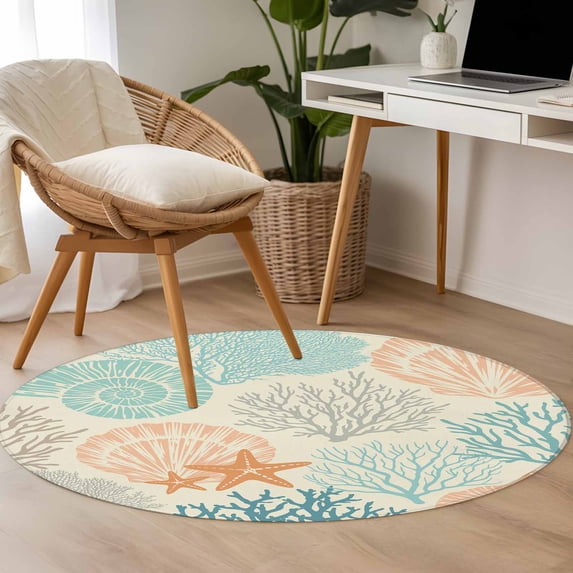 Non-Slip Rug Pad Rugs Ocean Coral Shell Conch Starfish Round Area Rugs 4Ft Soft Carpet Pads for Living Room Kids Room, Retro Underwater World