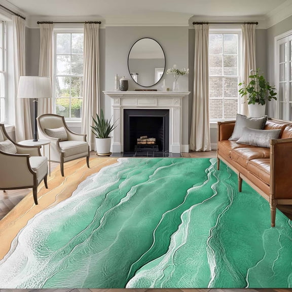 Non-Slip Rug Pad Rugs Ocean Green Beige Sea Waves Rectangle Area Rugs 5x7Ft Soft Carpet Pads for Living Room Kids Room, Beach Theme Stripes