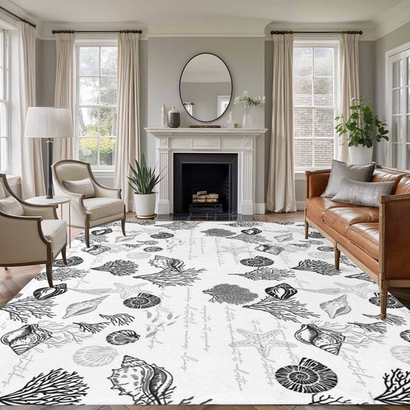 Non-Slip Rug Pad Rugs Ocean Grey Shell Coral Starfish Rectangle Area Rugs 9x12Ft Soft Carpet Pads for Living Room Kids Room, Abstract Marine Life