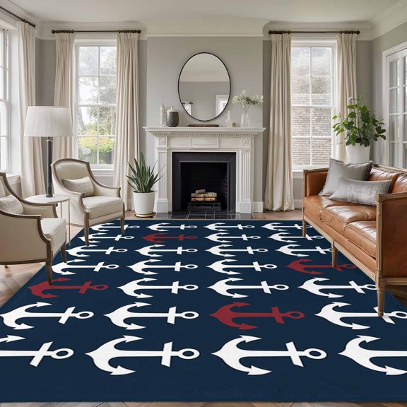 Non-Slip Rug Pad Rugs Ocean Nautical White and Red Ship's Anchor Rectangle Area Rugs 5x7Ft Soft Carpet Pads for Living Room Kids Room, Dark Blue