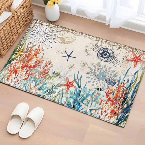 Non-Slip Rug Pad Rugs Ocean Shell Coral Starfish on Letter Rectangle Area Rugs 2x3Ft Soft Carpet Pads for Living Room Kids Room, Underwater World