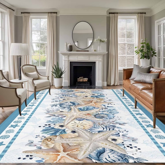 Non-Slip Rug Pad Rugs Ocean Starfish Conch Leaf Rectangle Area Rugs 5x7Ft Soft Carpet Pads for Living Room Kids Room, Marine Creature Eucalyptus Leaves