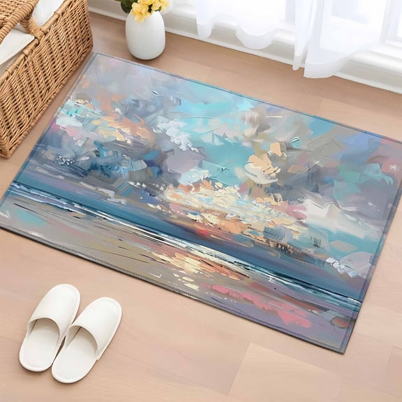 Non-Slip Rug Pad Rugs Oil Painting Abstract Ocean Scene Rectangle Area Rugs 2x3Ft Soft Carpet Pads for Living Room Kids Room, Summer Natural Sea Shore