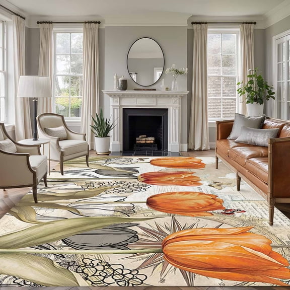 Non-Slip Rug Pad Rugs Orange Tulip Flower Plants Rectangle Area Rugs 5x7Ft Soft Carpet Pads for Living Room Kids Room, Butterfly Vintage Map