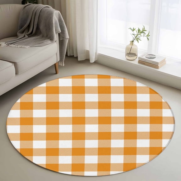 Non-Slip Rug Pad Rugs Orange and White Buffalo Checkered Round Area Rugs 3Ft Soft Carpet Pads for Living Room Kids Room, Country Style