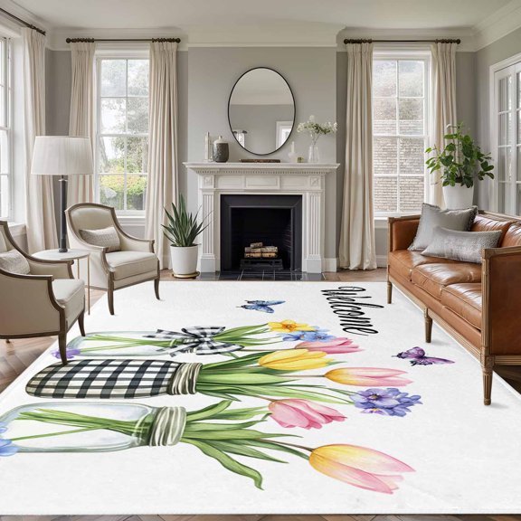 Non-Slip Rug Pad Rugs Pastoral Floral Tulip Butterfly Rectangle Area Rugs 5x7Ft Soft Carpet Pads for Living Room Kids Room, Black White Buffalo Check