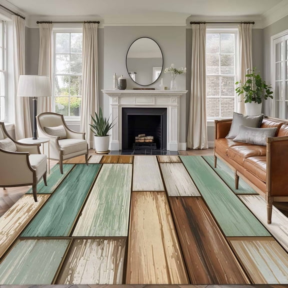Non-Slip Rug Pad Rugs Pastoral Green Gray Brown Wooden Rectangle Area Rugs 9x12Ft Soft Carpet Pads for Living Room Kids Room, American Retro Wood Board