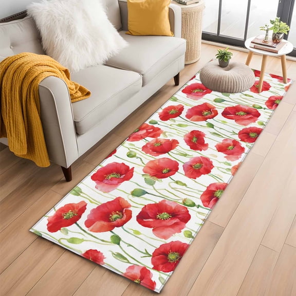 Non-Slip Rug Pad Rugs Pastoral Poppy Floral Field Rectangle Area Rugs 2x6Ft Soft Carpet Pads for Living Room Kids Room, Watercolor Red Flower Plant