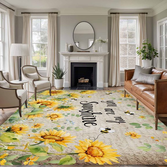Non-Slip Rug Pad Rugs Pastoral Sunflower Vintage Rectangle Area Rugs 5x7Ft Soft Carpet Pads for Living Room Kids Room, You Are Sunshine Quote