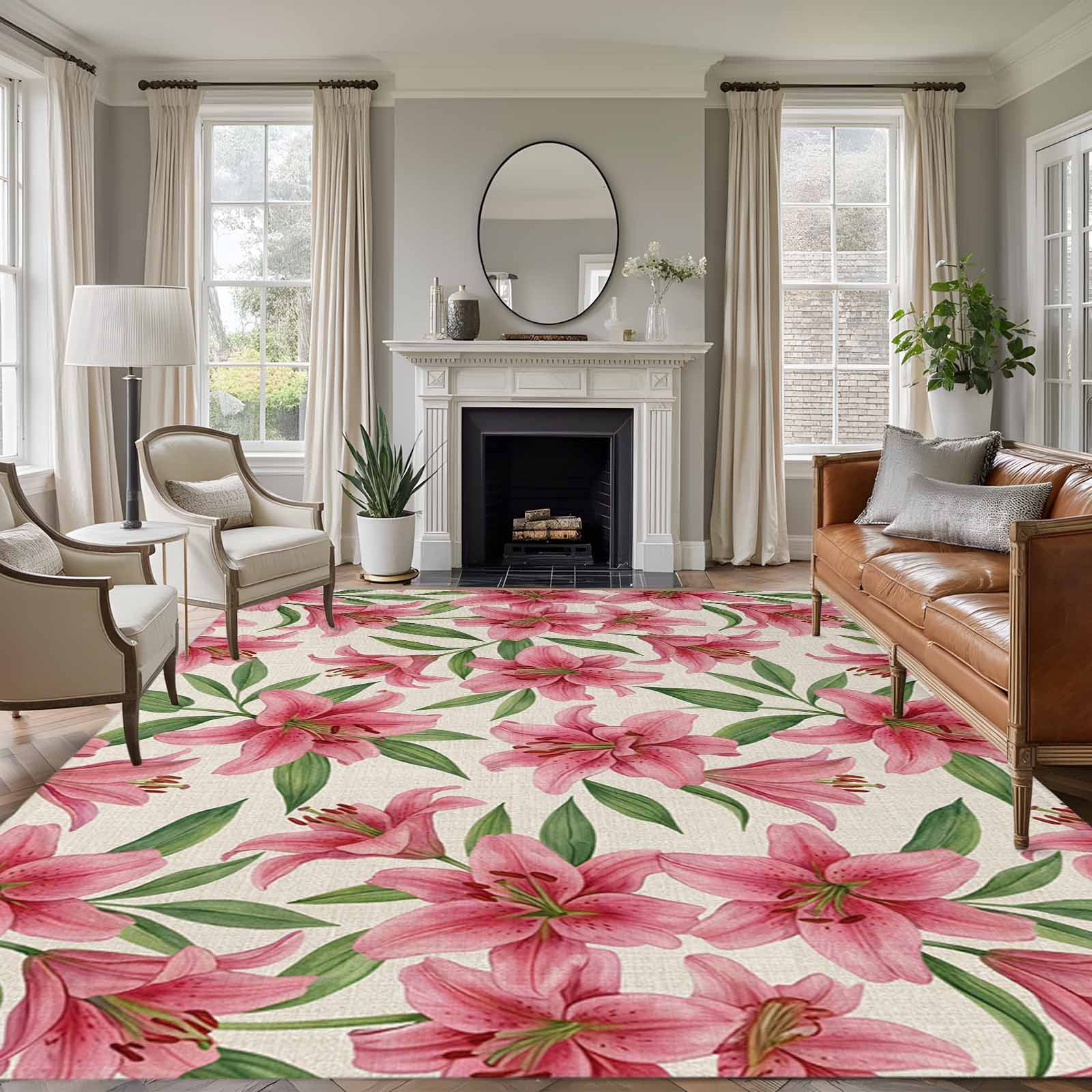 Lily Rug Non-Slip Rug Pad Rugs Pink Lily Watercolor Flroal Leaf Rectangle Area ...