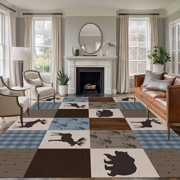 Non-Slip Rug Pad Rugs Retro Deer Bear Plaid Check Rectangle Area Rugs 5x7Ft Soft Carpet Pads for Living Room Kids Room, Abstract Patchwork Pattern