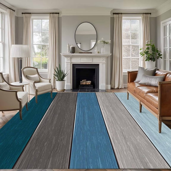 Non-Slip Rug Pad Rugs Retro Farm Blue Gray Wood Grain Rectangle Area Rugs 5x7Ft Soft Carpet Pads for Living Room Kids Room, Rustic Wooden Plank