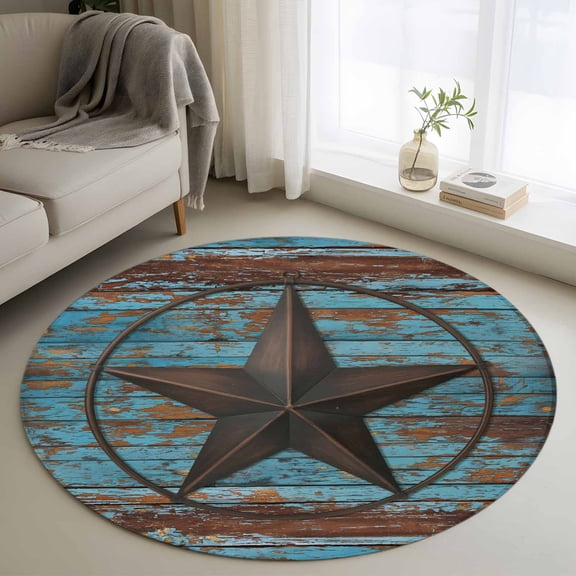 Non-Slip Rug Pad Rugs Retro Farm Texas Star Round Area Rugs 3Ft Soft Carpet Pads for Living Room Kids Room, Shabby Blue Wood Grain