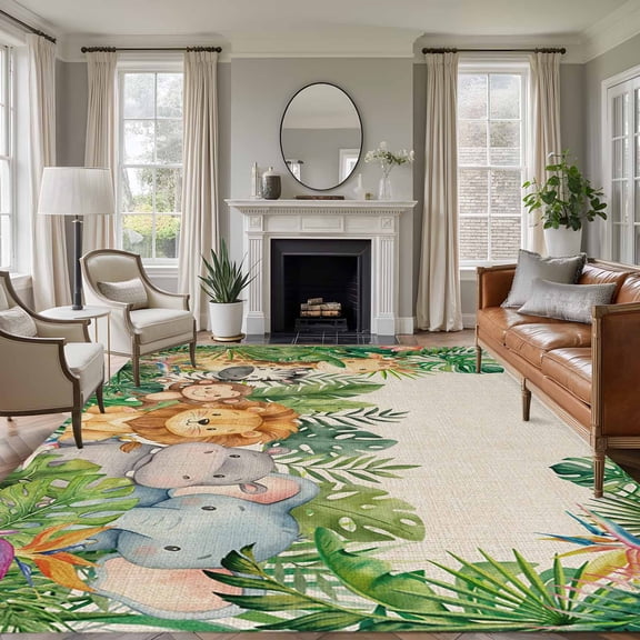 Non-Slip Rug Pad Rugs Retro Giraffes Zebras Hippocampus Rectangle Area Rugs 5x7Ft Soft Carpet Pads for Living Room Kids Room, Summer Leaves Plant