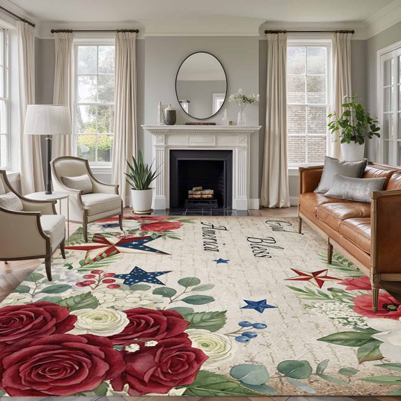 Non-Slip Rug Pad Rugs Retro Independence Day Floral Star Rectangle Area Rugs 5x7Ft Soft Carpet Pads for Living Room Kids Room, God Bless America Quote