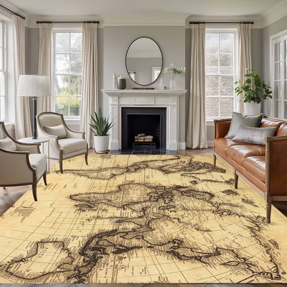 Non-Slip Rug Pad Rugs Retro Yellow World Map North America Asia Rectangle Area Rugs 5x7Ft Soft Carpet Pads for Living Room Kids Room, Pacific Plate