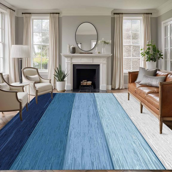 Non-Slip Rug Pad Rugs Rustic Blue White Ombre Wood Grain Rectangle Area Rugs 5x7Ft Soft Carpet Pads for Living Room Kids Room, Farmhouse Wooden Plank
