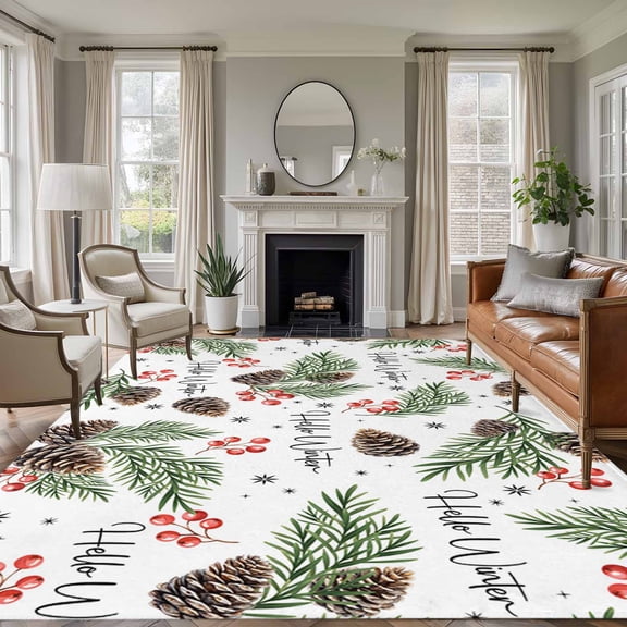 Non-Slip Rug Pad Rugs Rustic Pinecone Berry Leaf Rectangle Area Rugs 9x12Ft Soft Carpet Pads for Living Room Kids Room, Seamless Watercolor Winter Plant