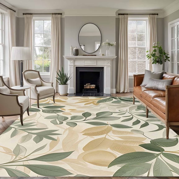 Non-Slip Rug Pad Rugs Sage Green Leaf Spring Plant Rectangle Area Rugs 9x12Ft Soft Carpet Pads for Living Room Kids Room, Country Leaves Seamless